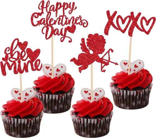 Miniatura 16 de Rsstarxi Paquete de 24 adornos para cupcakes para el día de San Valentín, con purpurina roja, dulce amor, para cupcakes, decoración de San Valentín
