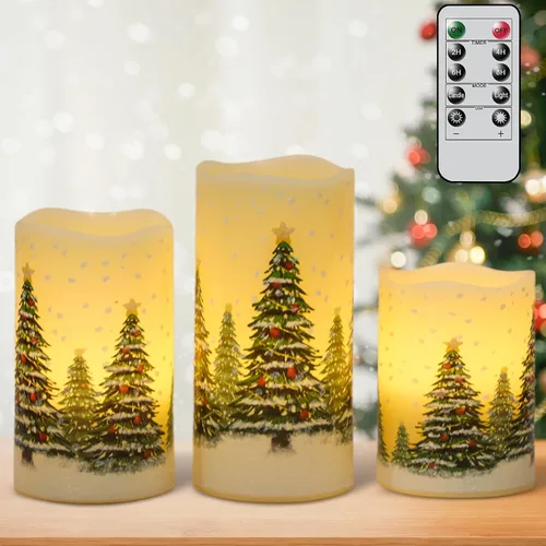 Miniatura 15 de Wondise Velas parpadeantes sin llama con temporizador, funcionan con pilas, cera real, con calcomanía de ciervo dorado, velas LED para decoración