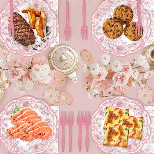 Miniatura 2 de Juego de 250 platos y servilletas florales rosas, 50 invitados, juego de vajilla desechable festoneada rosa y blanco, platos de papel vintage