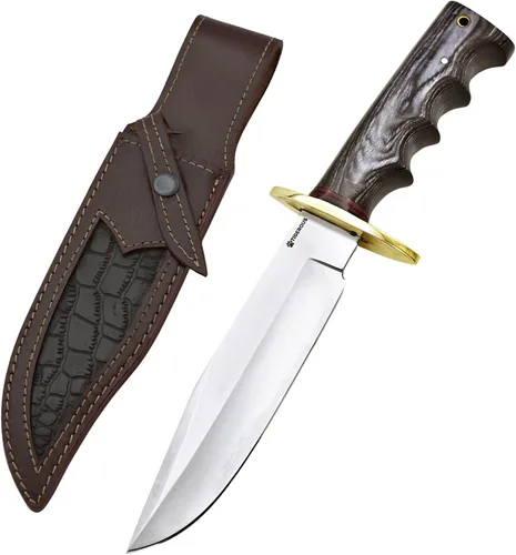 Cuchillo Bowie de 13 pulgadas, hoja fija, mango de madera, cuchillo de caza de acero D2 con funda de cuero para campamento, senderismo, supervivencia