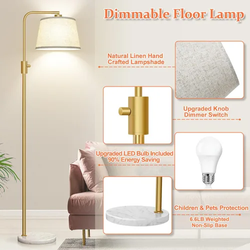 Miniatura 5 de Nintiue Lámpara de pie dorada regulable, bombilla LED Edison de 1000 lm incluida, lámparas de pie de arco para sala de estar con base de mármol