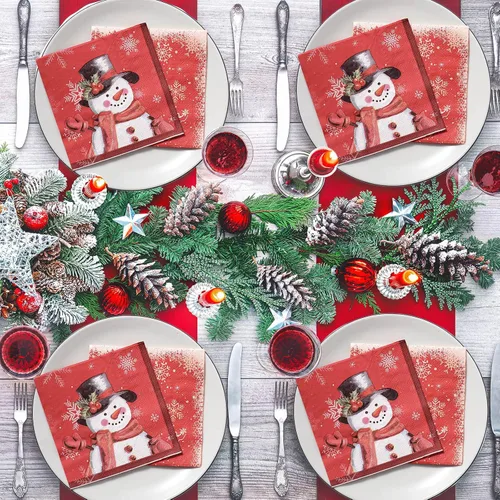 Miniatura 7 de Faccito 100 servilletas de papel de muñeco de nieve de Navidad, servilletas de cóctel de copo de nieve de invierno, servilletas de bebidas rojas
