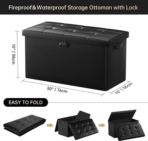 Miniatura 3 de DocSafe Banco otomano de almacenamiento con cerradura, banco plegable ignífugo de 30 pulgadas, reposapiés taburete, baúl de almacenamiento seguro