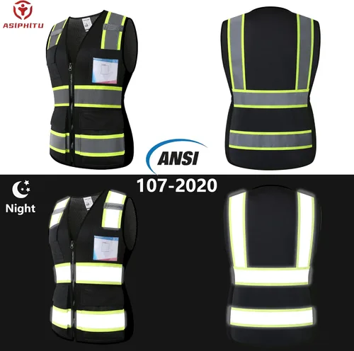Miniatura 5 de Chaleco de seguridad reflectante de alta visibilidad para hombres y mujeres con bolsillos y cremallera frontal, cumple con los estándares ANSI/ISEA