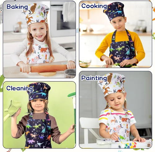 Miniatura 4 de Juego de 4 delantales y sombrero de chef para niños, regalo para niñas y niños, con palabras del alfabeto de animales, delantales ajustables