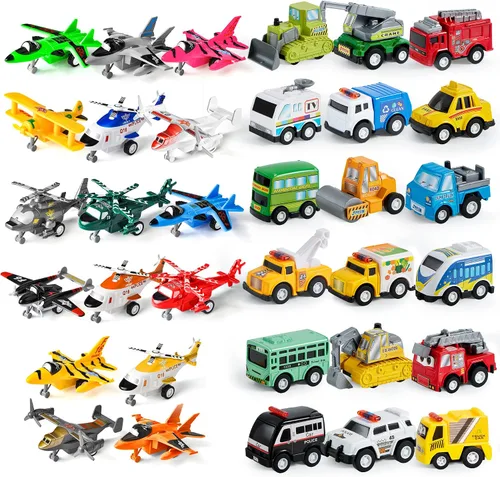 JOYIN 34 piezas de vehículos de avión de tracción, juego de aviones, aviones incluyendo helicópteros, camiones de juguete vehículos de juguete
