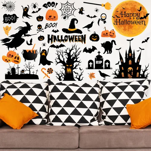 Miniatura 7 de Haull 6 hojas de calcomanías de pared de Halloween, calcomanías de pared reutilizables para ventana de Halloween, acuarela, bruja, murciélagos
