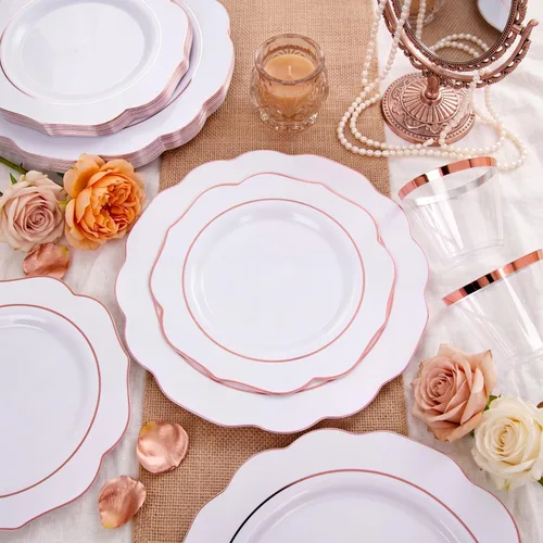 Miniatura 10 de NOCCUR 175 platos de plástico color oro rosa con cubiertos desechables, incluye 25 platos de cena, 25 platos de postre, 25 tenedores, 25 cuchillos