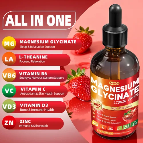 Miniatura 4 de Gotas líquidas de glicinato de magnesio de 500 mg – Alta absorción con vitamina B6, D3, C, zinc – Apoya el estado de ánimo, sueño, corazón y salud
