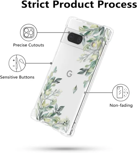 Miniatura 4 de RALEAVO - Funda floral para Google Pixel 7a, funda transparente con hojas y flores, diseño delgado y lindo para niñas y mujeres, cubierta de Verde