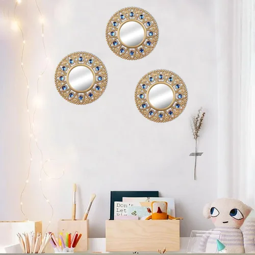 Miniatura 7 de DXYAKY Juego de 3 espejos decorativos redondos dorados para pared, espejos con marco de plástico ligero con detalles de cristal azul, decoración