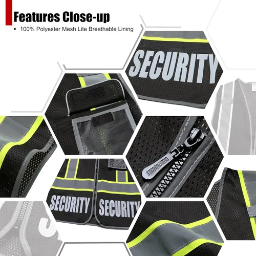 Miniatura 5 de Chaleco de Seguridad para Hombres y Mujeres Chaleco de Seguridad Reflectante con 5 Bolsillos y Cremallera Frontal Chaleco de Malla de Alta Negro