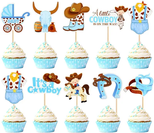 Miniatura 7 de 24 piezas de decoración de cupcakes con purpurina de vaca blanca y negra, para vaqueros, baby shower, niños y niñas, decoración de pastel