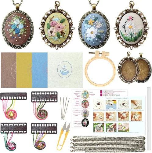 Miniatura 2 de ZOCONE 4 Paquetes de Kits de Collar de Bordado, Kit de Colgante de Bordado Mini Kit de Punto de Cruz con 4 Aros, Collar, Colgante, Tela