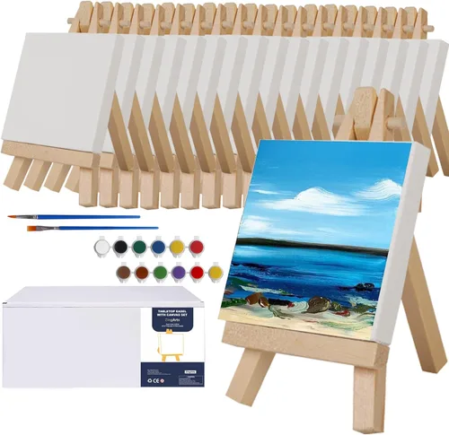 Mini lienzos con juego de caballete, paquete de 18, 3 x 3 pulgadas, 18 mini caballetes de 5 pulgadas y 2 juegos de pintura y pinceles, lienzo
