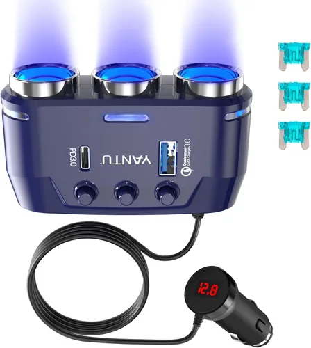 Miniatura 9 de YANTU Adaptador y divisor de encendedor de cigarrillos con 150W, 3 tomas y iluminación ambiental LED, doble carga rápida USB, salida de coche