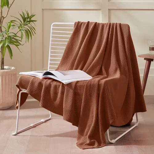 Miniatura 2 de Treely manta de punto de 100 % algodón, para sofá, silla, cama, decoración del hogar, manta de punto decorativa, suave y acogedora, 50 x 60 Marrón