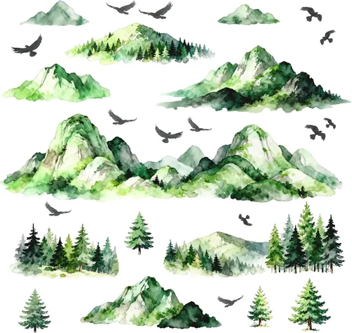 Calcomanías de Pared de Montaña y Árbol Acuarela Calcomanías de Pared de Montaña Despegables y Adhesivas Aves Voladoras Árboles de Pino Verde del