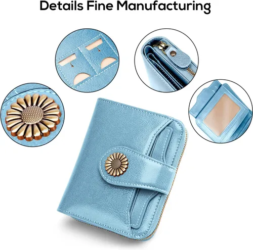 Miniatura 5 de INSIFEEL Billetera pequeña para mujer, bolso compacto de cuero con bloqueo RFID RFID para mujer, Azul claro, Retro
