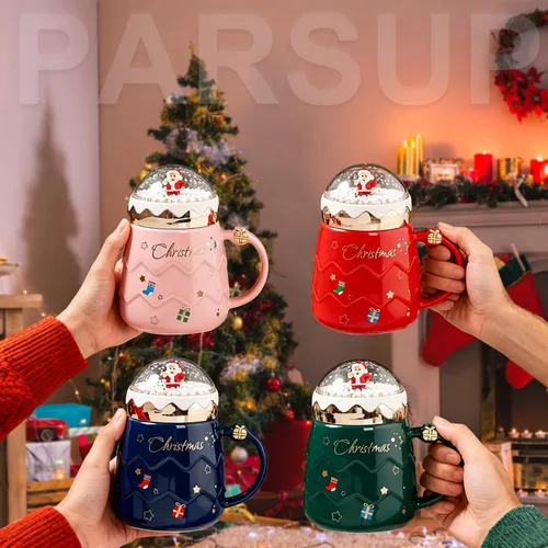 Miniatura 6 de Taza navideña PARSUP, lindas tazas de té de cerámica con tapa de Santa, taza novedosa para leche, café, chocolate caliente, regalo para mujeres