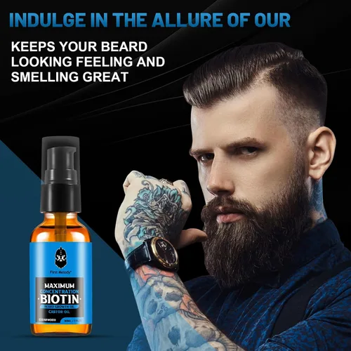 Miniatura 3 de First Melody Aceite para barba, biotina espesante maximun, con aceite de ricino y aceites de argán y jojoba, promueve el crecimiento de la barba
