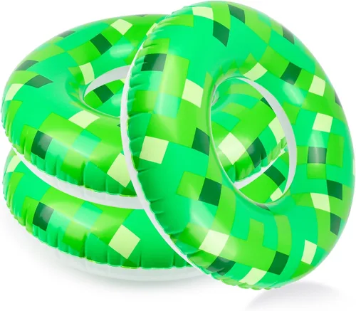 3 flotadores inflables para piscina con temática de píxeles verdes de 24 pulgadas, vibrantes flotadores de piscina para verano y tubos de piscina