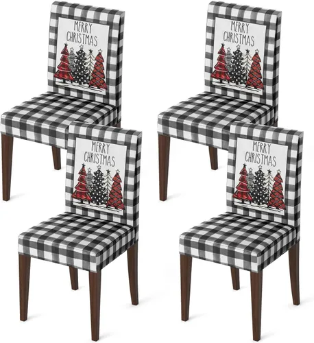 Horaldaily 4 fundas para sillas de comedor de Navidad, diseño de árboles de búfalo negro, elástico, extraíble, lavable, protector de silla para