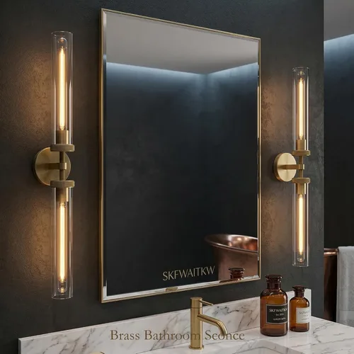Miniatura 2 de Aplique de pared de baño de 30", apliques de pared de latón con cableado fijo, aplique de pared dorado regulable, apliques lineales moleteados