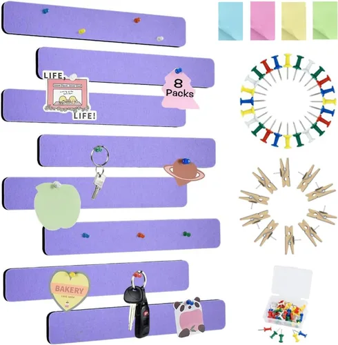 Miniatura 23 de Vuzvuv 8 tiras para tablón de anuncios con 50 chinchetas y 10 clips de madera, tablero de corcho autoadhesivo para pared, tablero de fieltro