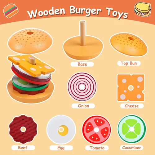 Miniatura 3 de Juguetes Montessori de madera para apilar hamburguesas, juguetes para niños pequeños, educación preescolar, juego de mesa, educación temprana