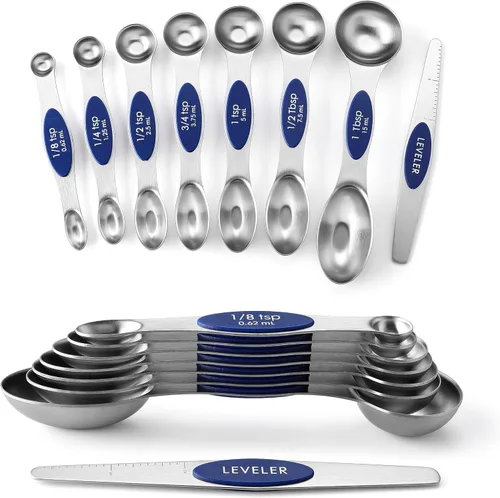 Miniatura 16 de Spring Chef Juego de 8 cucharas magnéticas de medición de acero inoxidable con nivelador, juego de cucharaditas y cucharas de mesa de doble cara