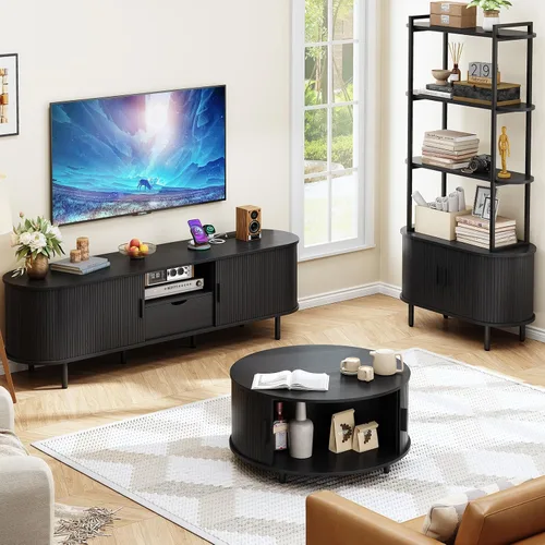 Miniatura 7 de ONBRILL Soporte de TV de 69 pulgadas con toma de corriente para televisores de hasta 80 pulgadas, centro de entretenimiento con almacenamiento