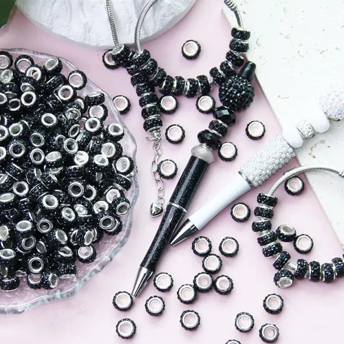Miniatura 5 de 60 Piezas Cuentas Espaciadoras de Diamantes de Imitación con Agujero Grande Cuentas Espaciadoras Negras Europeas para Manualidades Cuentas Grandes