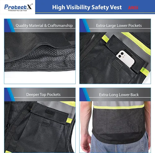 Miniatura 4 de ProtectX - Chaleco de seguridad de alta visibilidad con 6 bolsillos, clase 2 reflectante, de alta visibilidad, para hombres y mujeres, chaleco