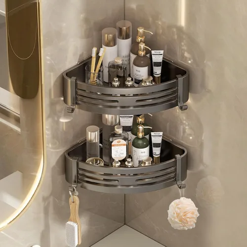 Miniatura 10 de Organizador de ducha esquinero, estantes de ducha adhesivos sin perforaciones con ganchos, organizador de ducha extraíble impermeable y resistente
