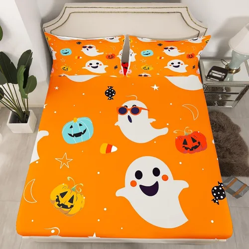 Juego de ropa de cama de Halloween con patrón de sombras kawaii, sábana bajera tamaño queen, decoraciones de calabaza, luces de calabaza góticas,