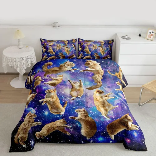 Miniatura 18 de Feelyou Juego de edredón para niños, diseño de gatos de dibujos animados, tamaño twin, lindo juego de ropa de cama de gatitos para adolescentes