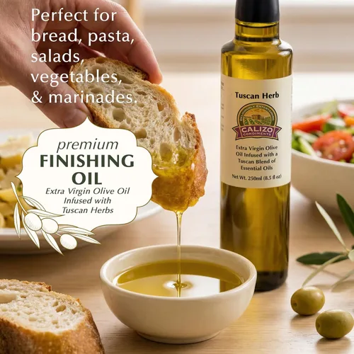 Miniatura 4 de Calizo Aceite de oliva toscano con infusión de hierbas, botella de vidrio de 8.5 fl oz, AOVE virgen extra prensado en frío con albahaca real