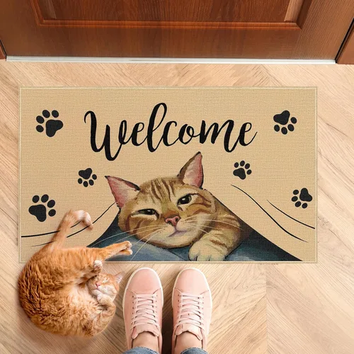 Miniatura 2 de Heyfibro Tapete de bienvenida para puerta de gato, tapete antideslizante de huella de mascota, decoración familiar, 29 x 17 pulgadas, tapete de goma