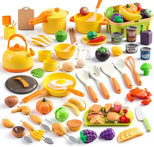 Miniatura 14 de 60 piezas de accesorios de cocina de juego para niños, juego de cocina de simulación con ollas y sartenes, vajilla y conjuntos de frutas y barbacoa