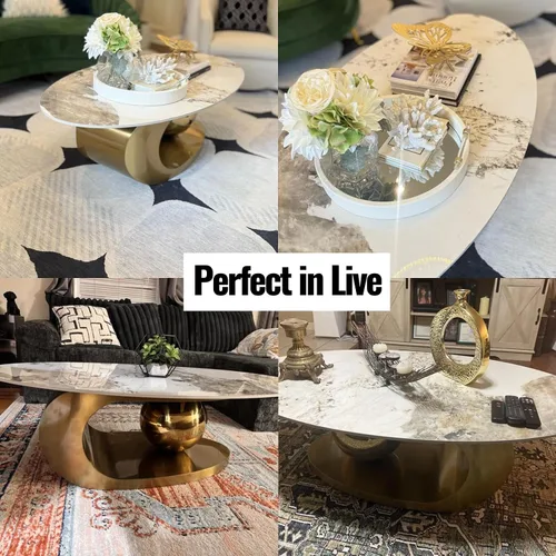 Miniatura 3 de Mesas de centro modernas de 51.2 pulgadas para sala de estar, mesa central ovalada de mármol con base dorada de metal de lujo, resistente al calor
