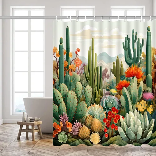 Miniatura 2 de Cortinas de ducha de cactus con plantas tropicales y flores, flores suculentas, desierto, montaña, paisaje, decoración de baño, cortinas de tela
