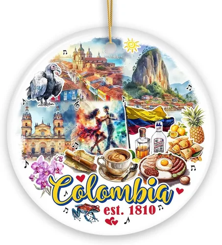 Colorido adorno navideño de cultura y monumentos de Colombia, regalo del patrimonio latinoamericano y recuerdo de Bogotá (círculo - versión 2)