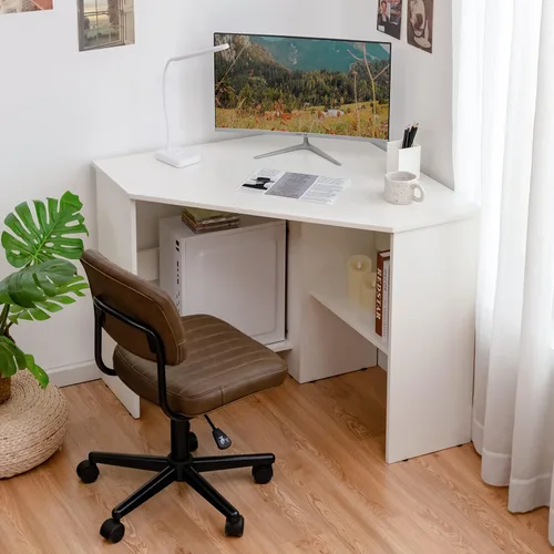 Miniatura 4 de Augester - Escritorio esquinero moderno, mesa de computadora triangular de 90 grados con estantes, agujero para cable, escritorio esquinero que