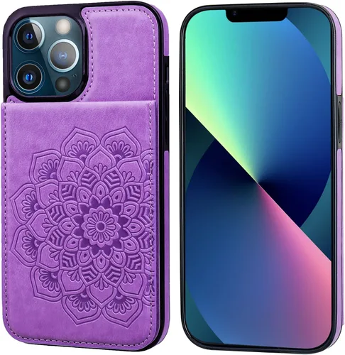 Miniatura 2 de Vaburs Funda tipo cartera para iPhone 13 Pro Max, funda con función atril y soporte para tarjeta de crédito, diseño floral de mandala en relieve