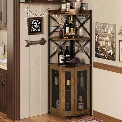Miniatura 7 de JKsmart - Gabinete de esquina para barra con luces LED, gabinete de barra de vino industrial de 5 niveles con soporte para vasos, gabinetes de licor
