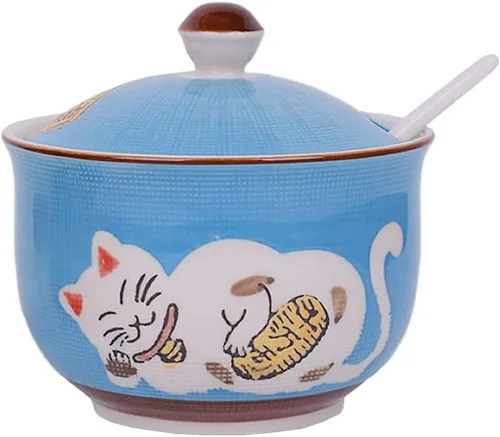 Miniatura 11 de Cerámica japonesa Maneki Neko Lucky Cat Azúcar Sal Pimienta Tarro de almacenamiento con tapa y cuchara Púrpura