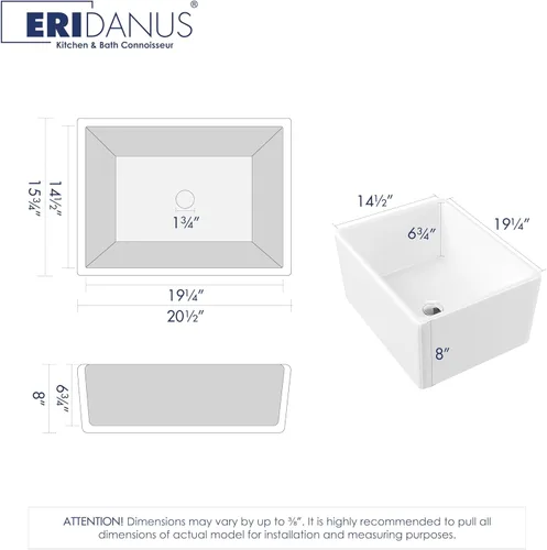 Miniatura 4 de Eridanus Fregadero de granja blanco de 20 x 15 pulgadas, cuenco individual, delantal frontal, cerámica, pulido, trapezoidal, instalación frontal
