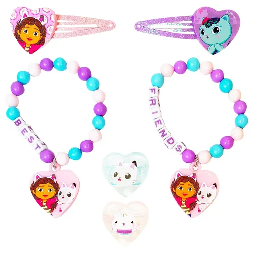 LUV HER Gabby's Dollhouse Girls BFF Juego de 6 piezas de joyería de juguete con 2 anillos, 2 pulseras de cuentas y pinzas para el cabello con cierre