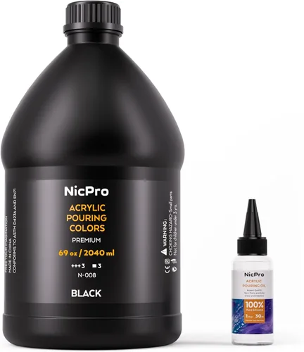 Miniatura 10 de Nicpro Pintura acrílica de color negro azabache, suministros de pintura premezclada de 33.8 onzas con aceite de silicona y guantes para lienzo